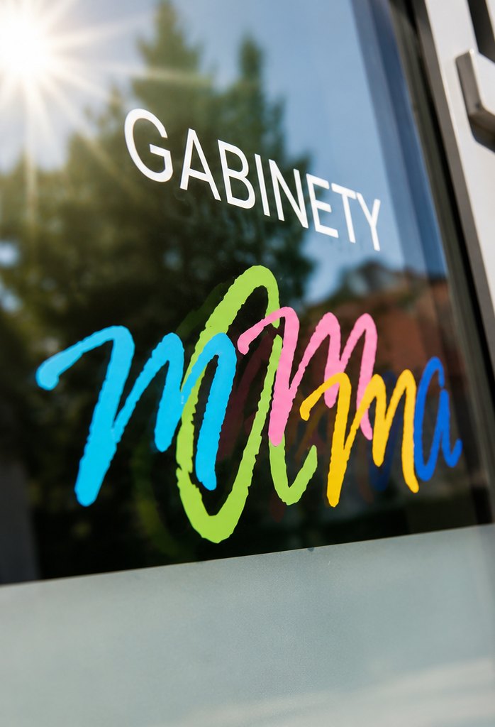 Szyld GABINETY MAMMA na szybie wejścia